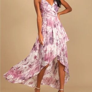 Pink and White Watercolor Sundress with Asymmetrical Hemline